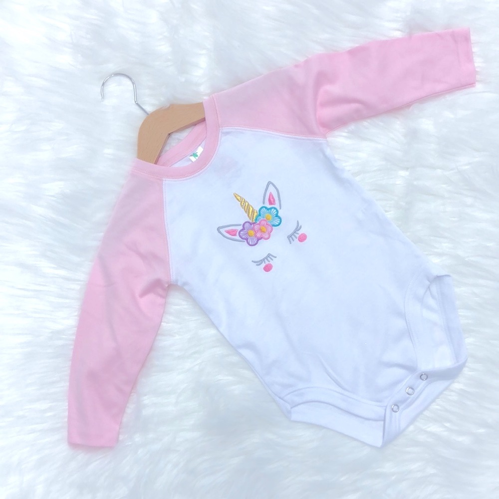 Pink/White Raglan Onesie With Embroidery, Unicorn Embroidered Onesie
